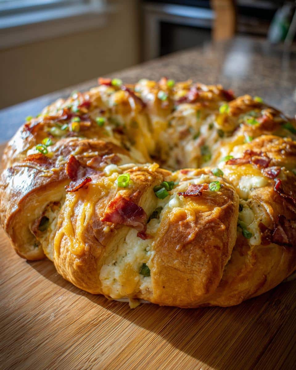 A golden brown Stuffed Crescent Wreath topped with melted cheese, bacon bits, and green onions on a wooden board.