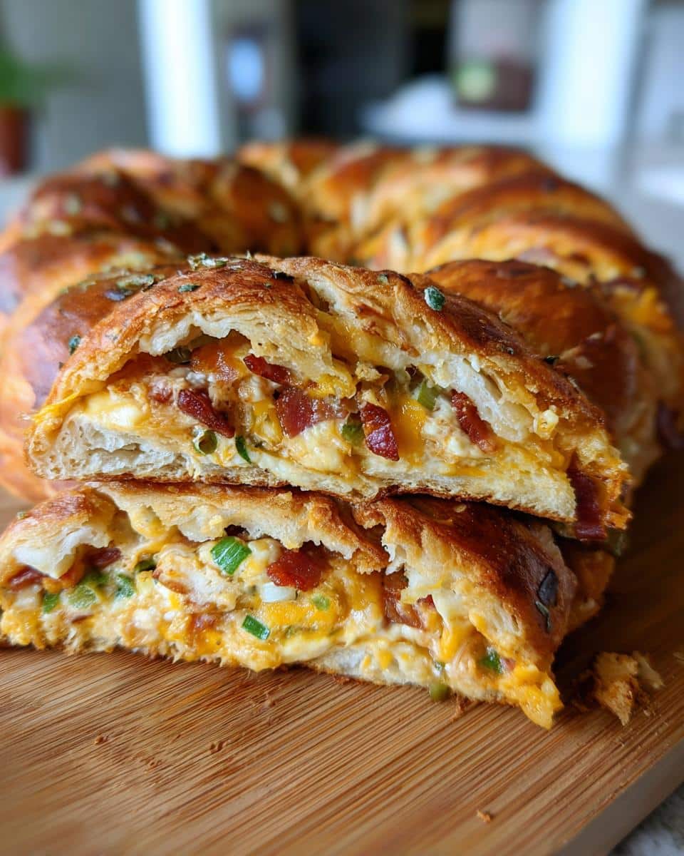 Close-up of a sliced Stuffed Crescent Wreath showing layers of cheese, bacon, and green onions.