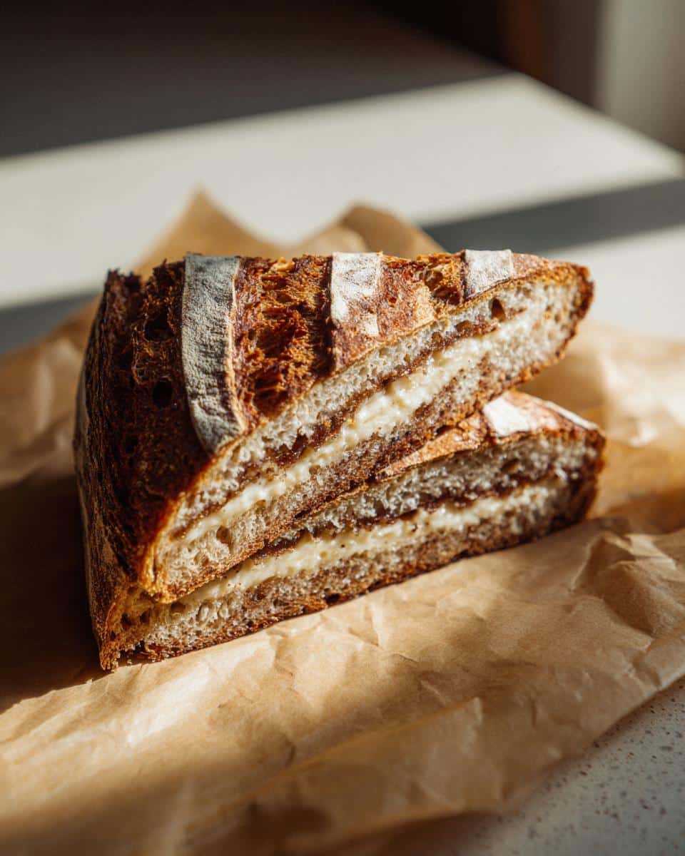 Two slices of stuffed sourdough bread, showcasing a creamy filling. Part of sourdough dessert recipes.