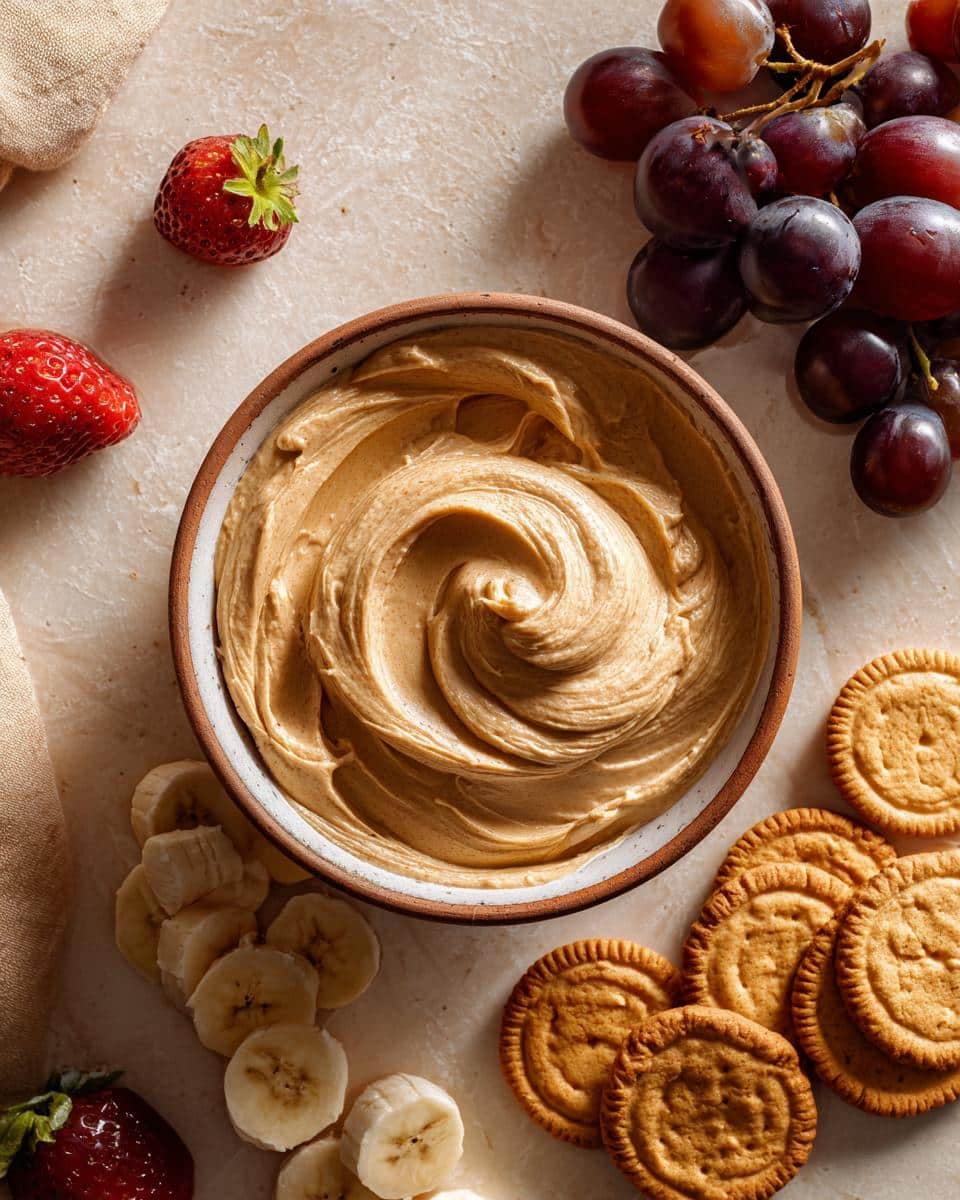 Overhead shot of a bowl of sweet dip for parties, surrounded by strawberries, grapes, bananas, and cookies.