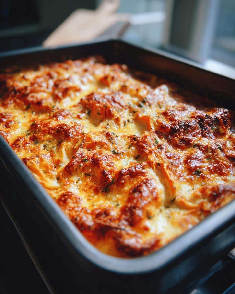 Close-up of a freshly baked Sweet Potato & Cheese Bake in a baking dish, showing melted cheese and herbs.