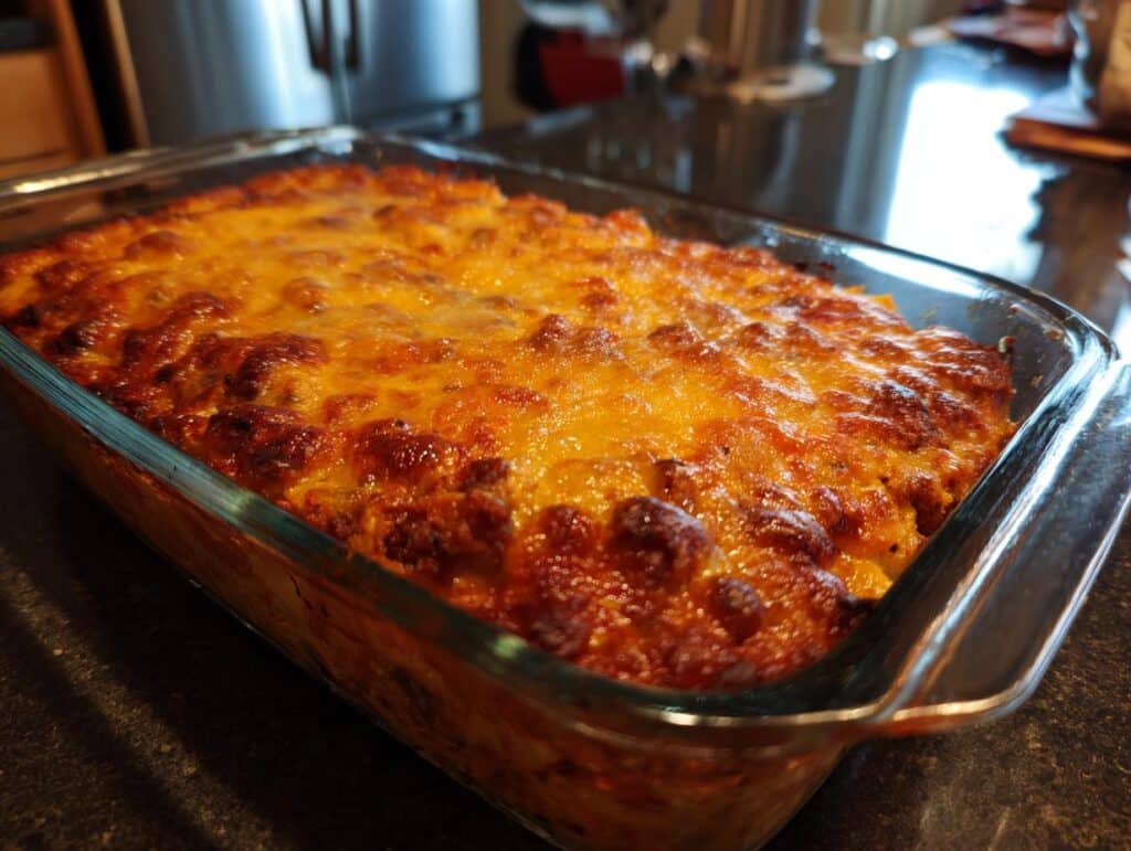 Golden Sweet Potato & Cheese Bake in a glass baking dish, ready to serve. Comfort food at its finest!