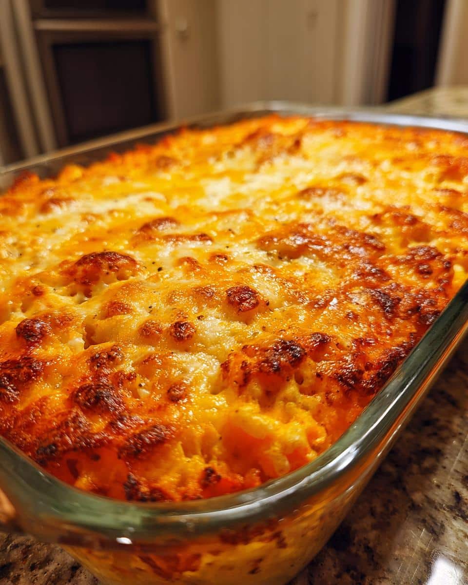 Golden brown Sweet Potato & Cheese Bake in a glass baking dish, ready to serve. Comfort food at its finest.