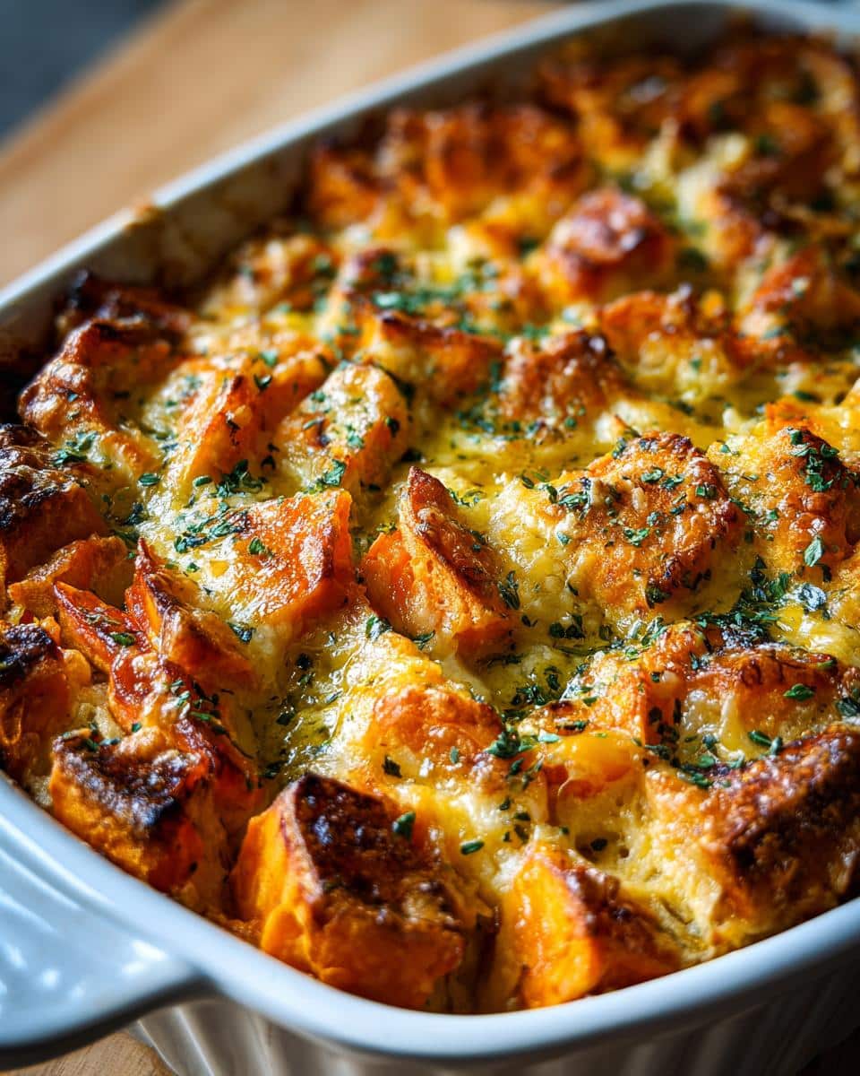 Close-up of a Sweet Potato & Cheese Bake in a white baking dish, topped with herbs.