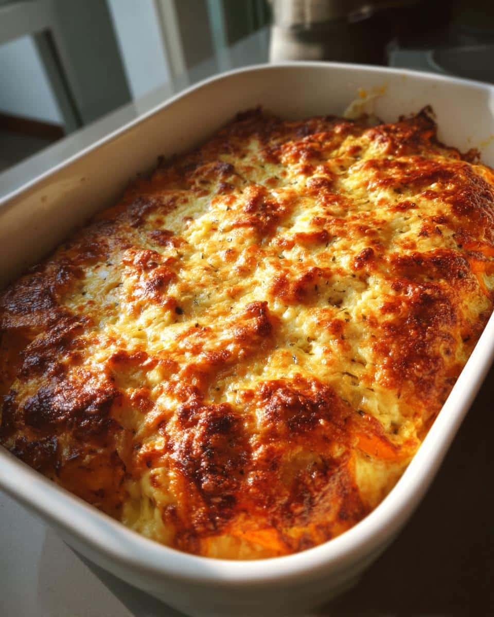 Golden brown Sweet Potato & Cheese Bake in a white baking dish, ready to serve.