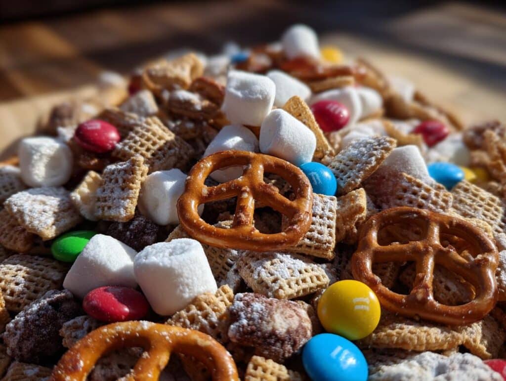 Close-up of Sweet & Salty Reindeer Mix featuring pretzels, cereal, marshmallows, and colorful candies.