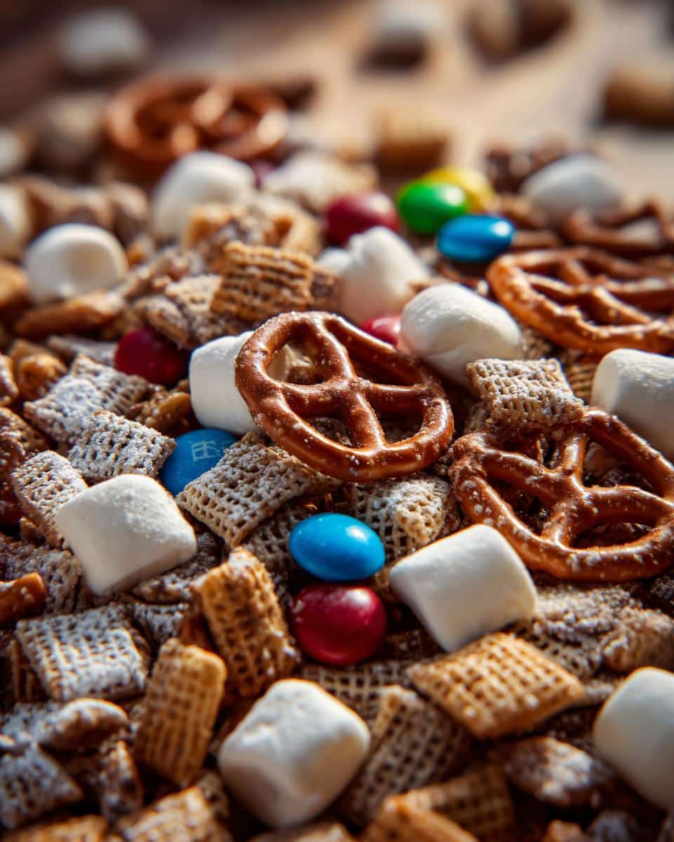 Close-up of Sweet & Salty Reindeer Mix with pretzels, cereal, marshmallows, and colorful candies.