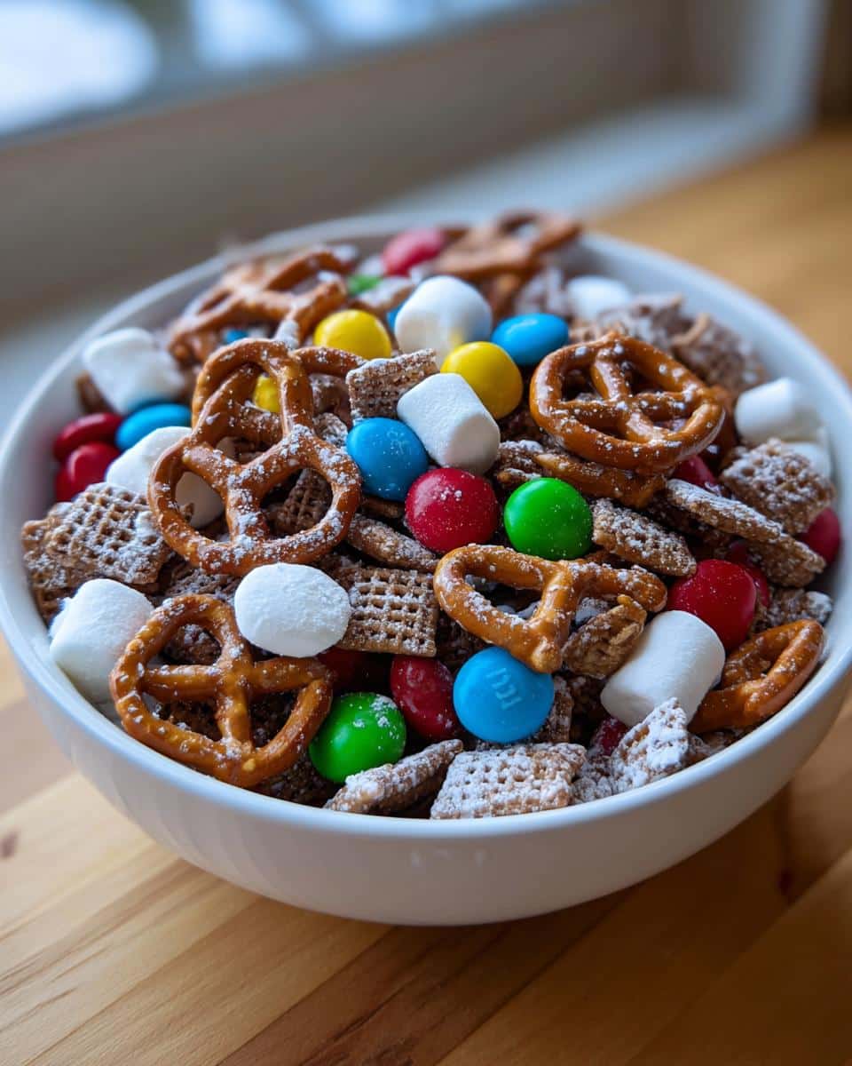 A bowl full of Sweet & Salty Reindeer Mix, including pretzels, cereal, marshmallows, and colorful candies.