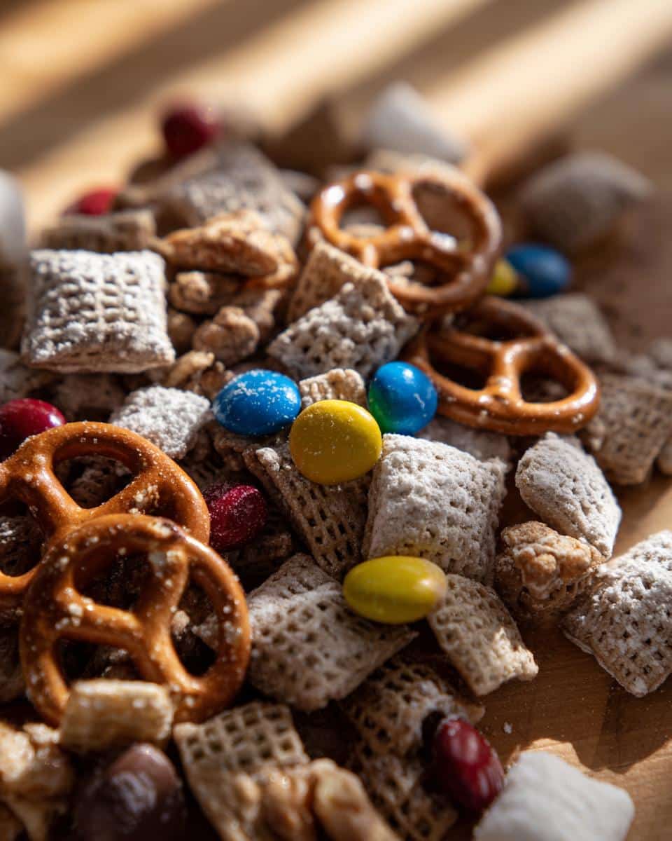 A close-up of Sweet & Salty Reindeer Mix, featuring cereal squares, pretzels, and colorful candies.