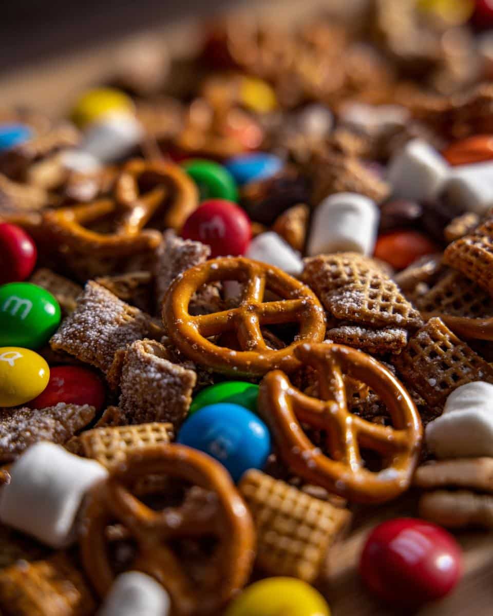 Close-up of Sweet & Salty Reindeer Mix featuring pretzels, cereal, marshmallows, and colorful candies.