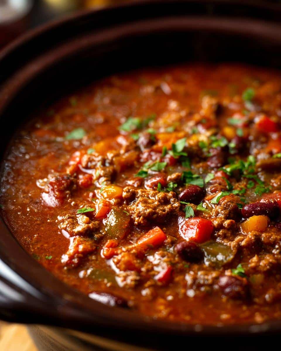 Close-up of delicious taco soup in a crock pot, featuring ground beef, beans, and colorful vegetables.