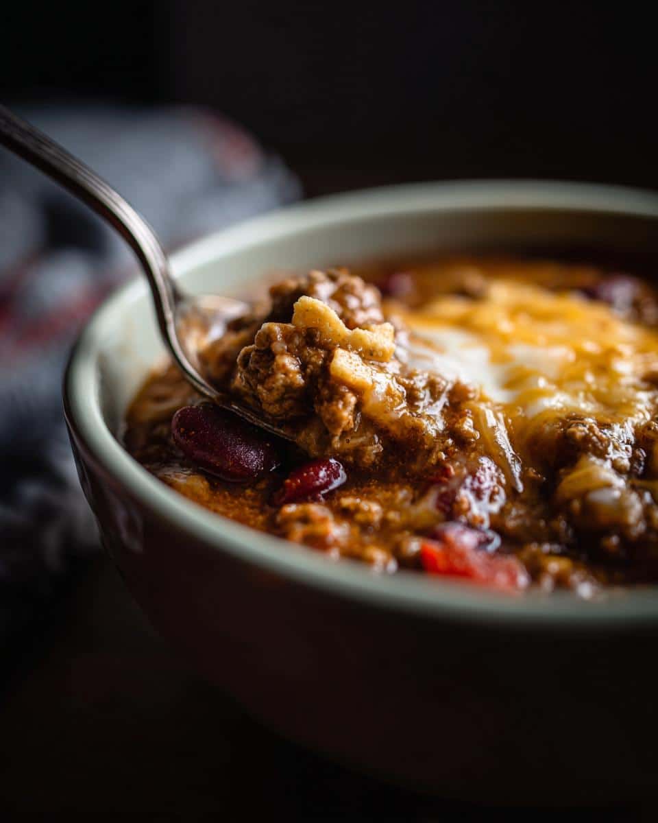 Close-up of taco soup with ranch packet, featuring ground beef, beans, cheese, and a spoonful being lifted.