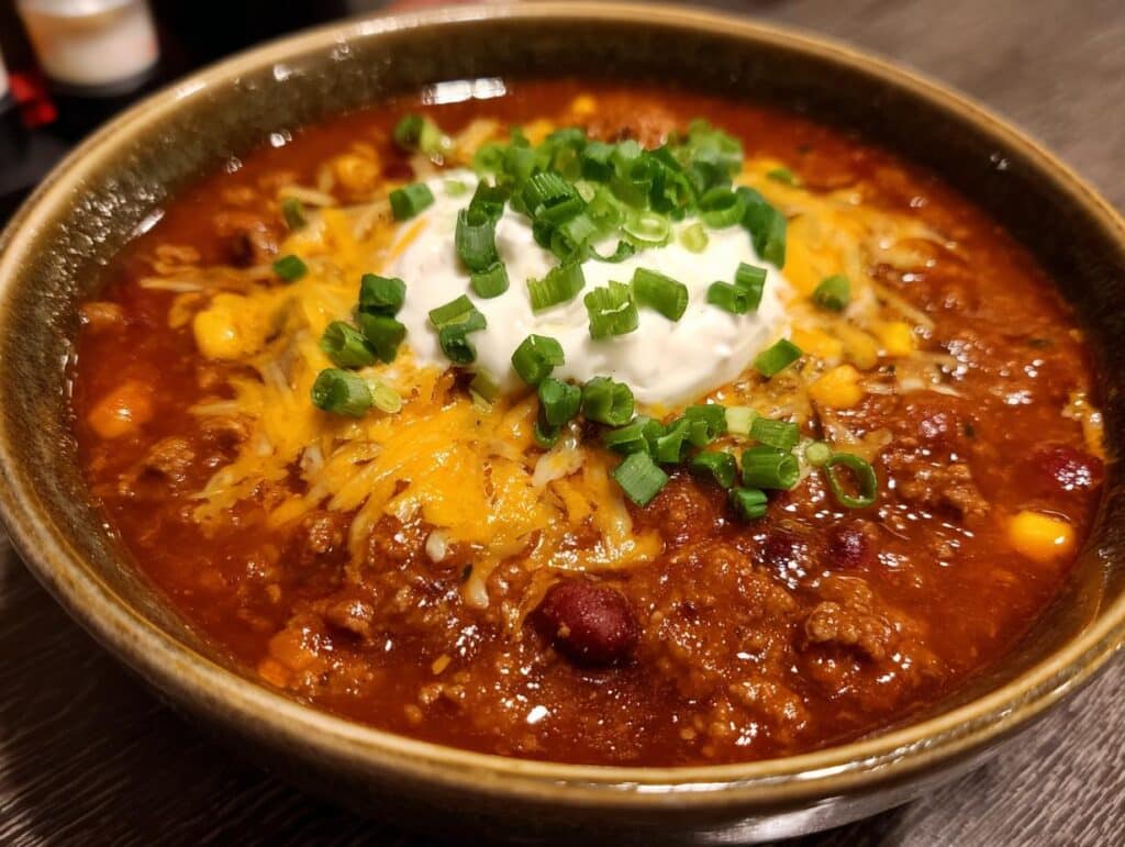 Bowl of taco soup with ranch packet, topped with cheese, sour cream, and green onions.