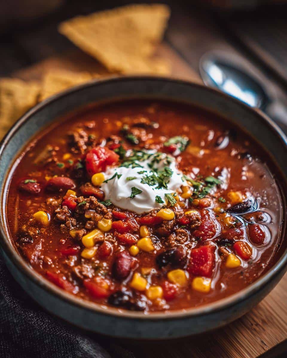 A bowl of taco soup with ranch packet, topped with sour cream and fresh parsley, served with tortilla chips.