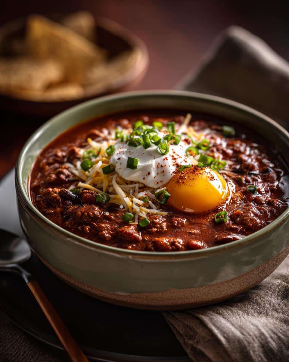 A hearty bowl of taco soup with ranch packet, topped with sour cream, cheese, green onions, and an egg yolk.