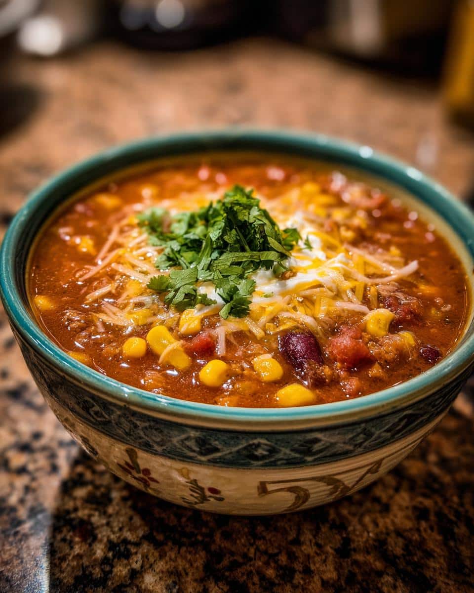A bowl of taco soup with ranch packet, topped with cheese, sour cream, and cilantro.