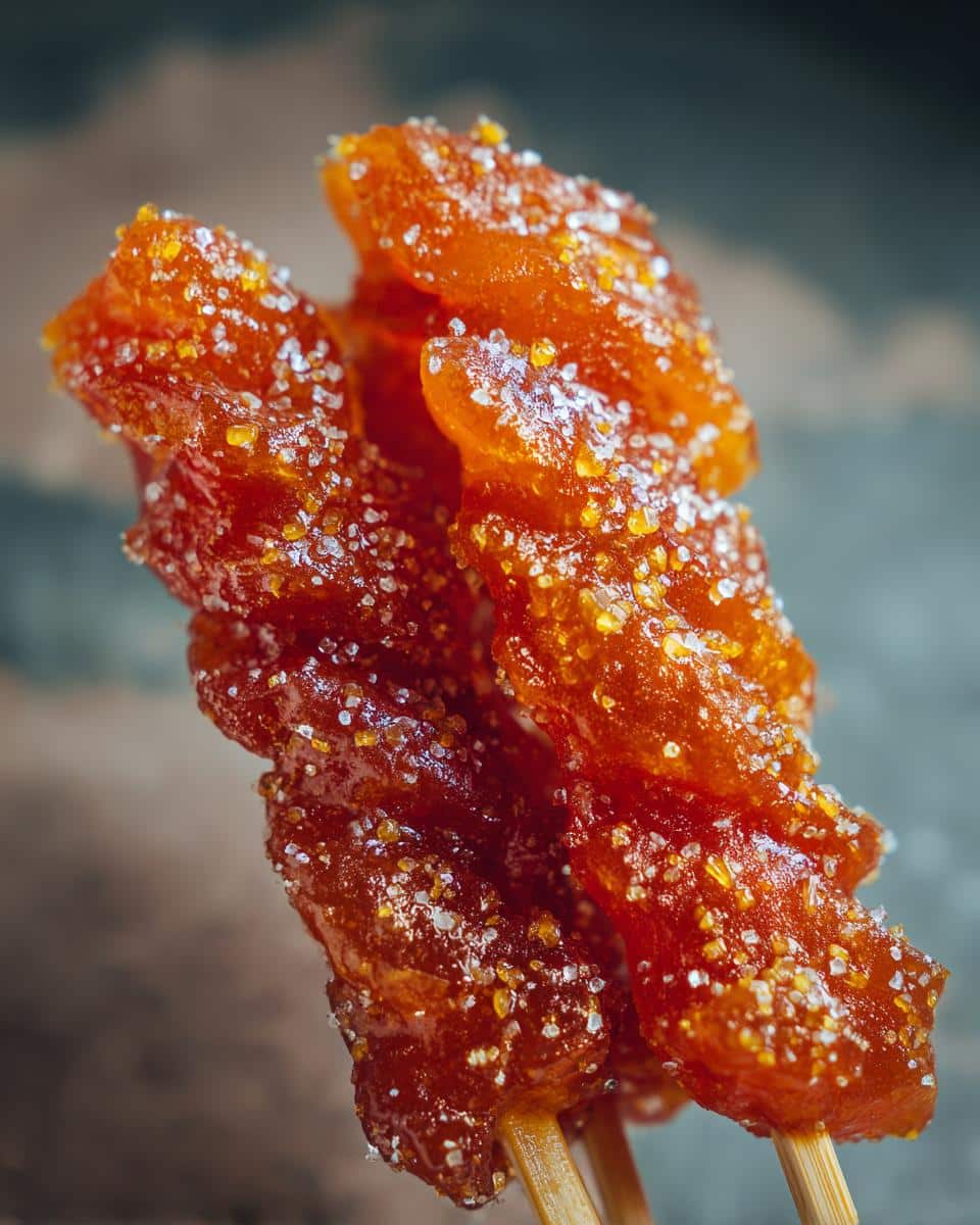 Close-up of two skewers of Tanghulu, a traditional Chinese candied fruit snack, coated in a shiny sugar glaze.