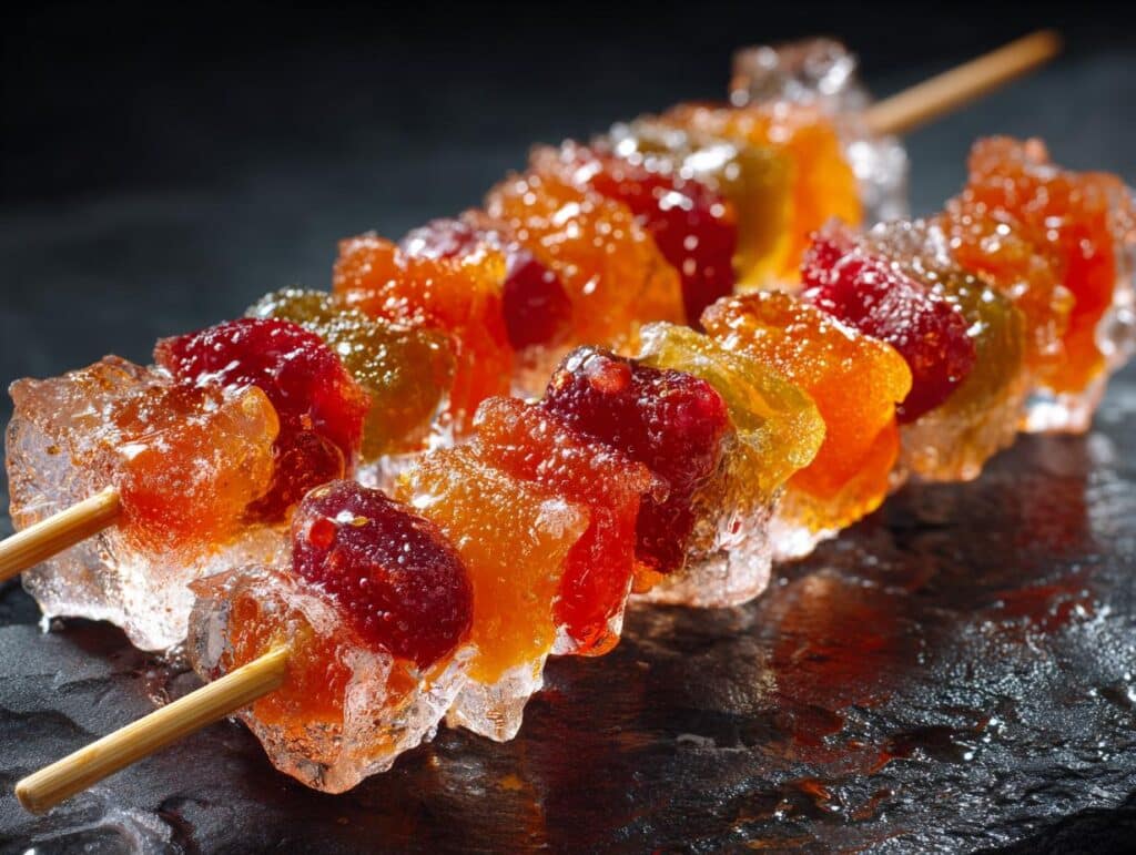 Close-up of colorful Tanghulu skewers with candied fruit on a dark surface, ready to eat.