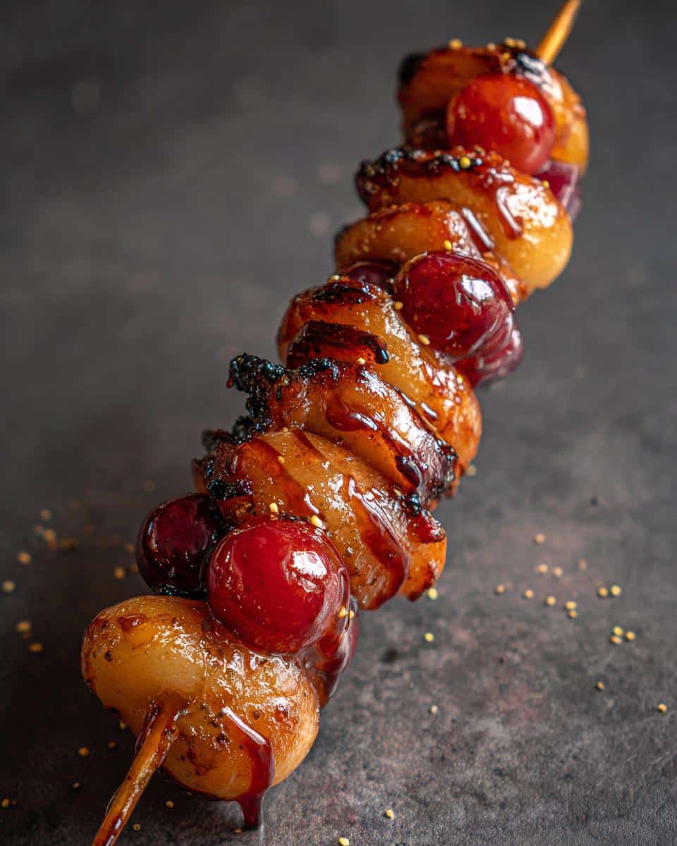 Close-up of a Tanghulu skewer featuring candied grapes and other fruits with a glossy, caramelized coating.
