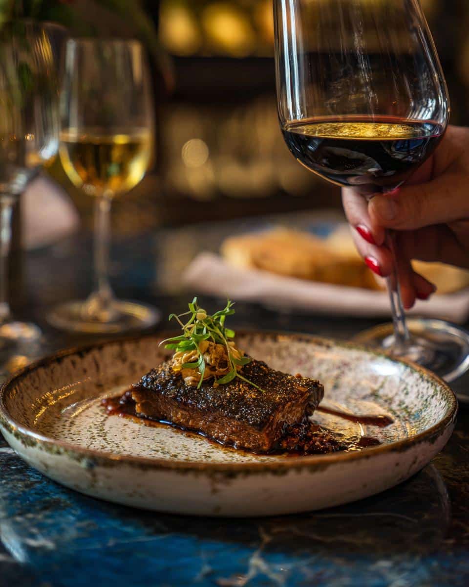 Elegant Tin Fish Date Night meal with wine, featuring a plated dish with garnish and sauce.