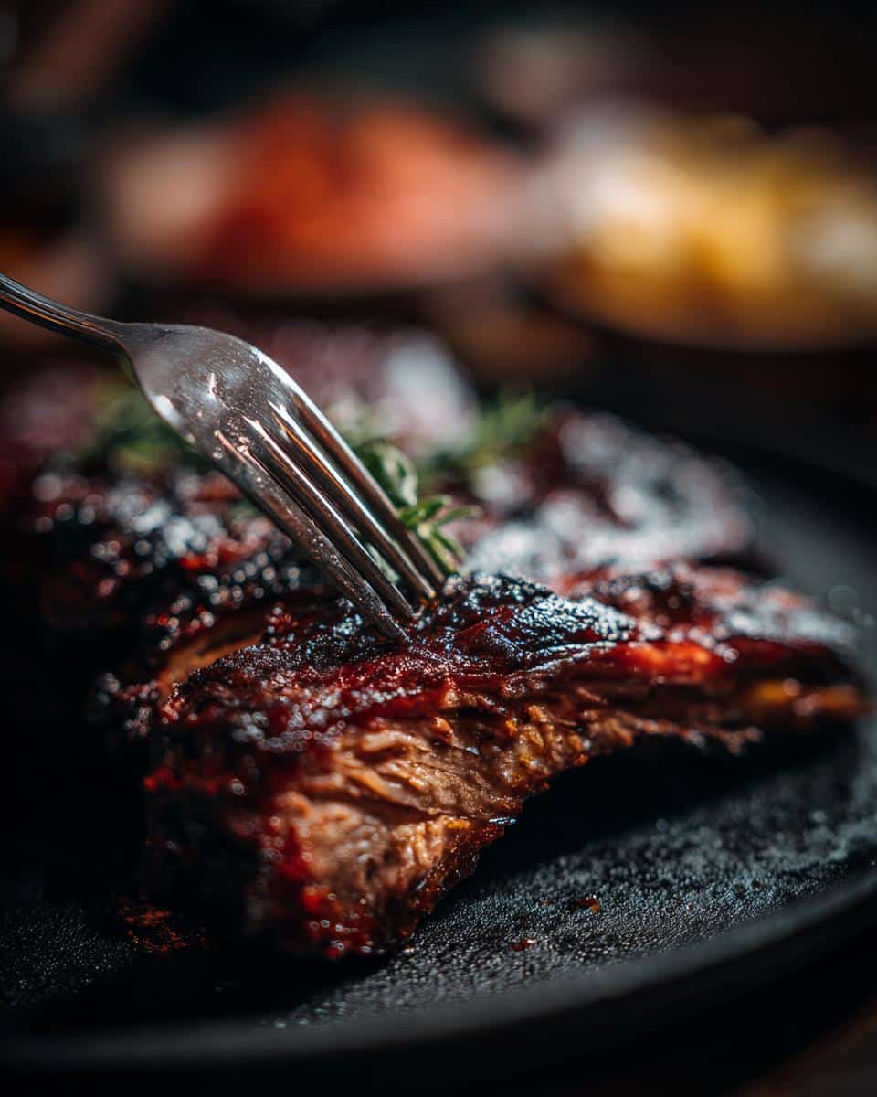 Close-up of glazed ribs on a plate with a fork, perfect for a Tin Fish Date Night.