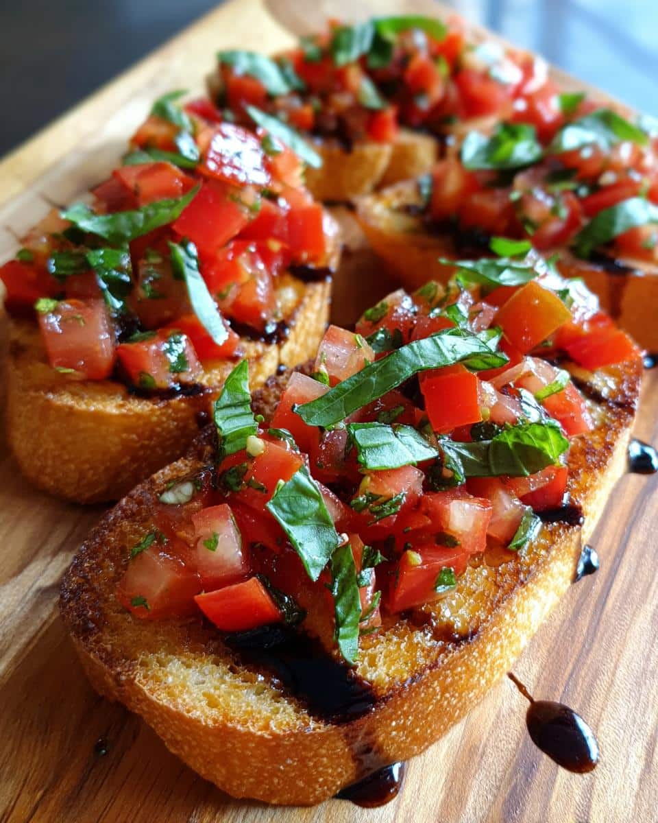 Close-up of bruschetta appetizers with diced tomatoes, basil, and balsamic glaze on toasted bread.