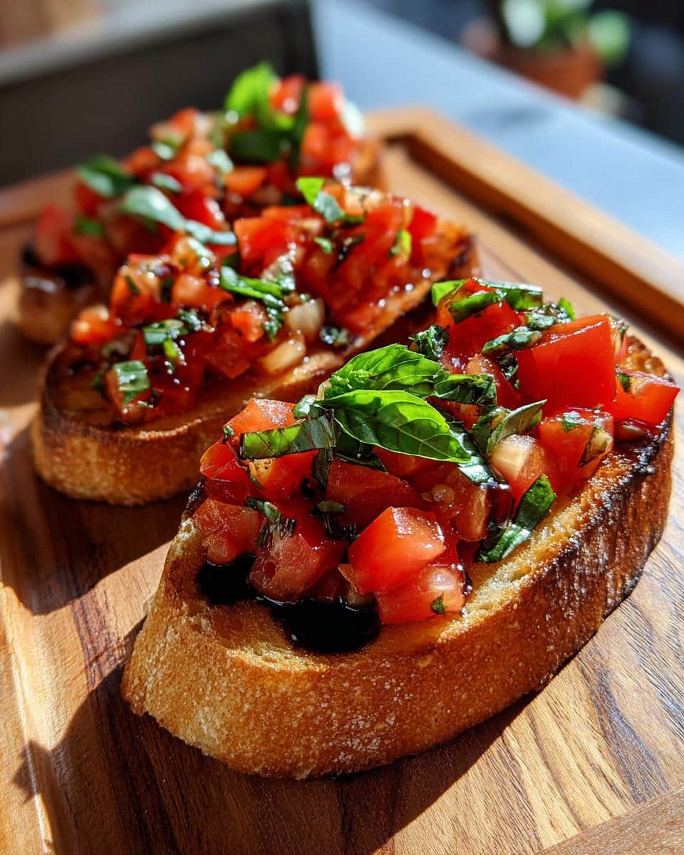 Three pieces of tomato basil bruschetta appetizers on a wooden board, drizzled with balsamic glaze.