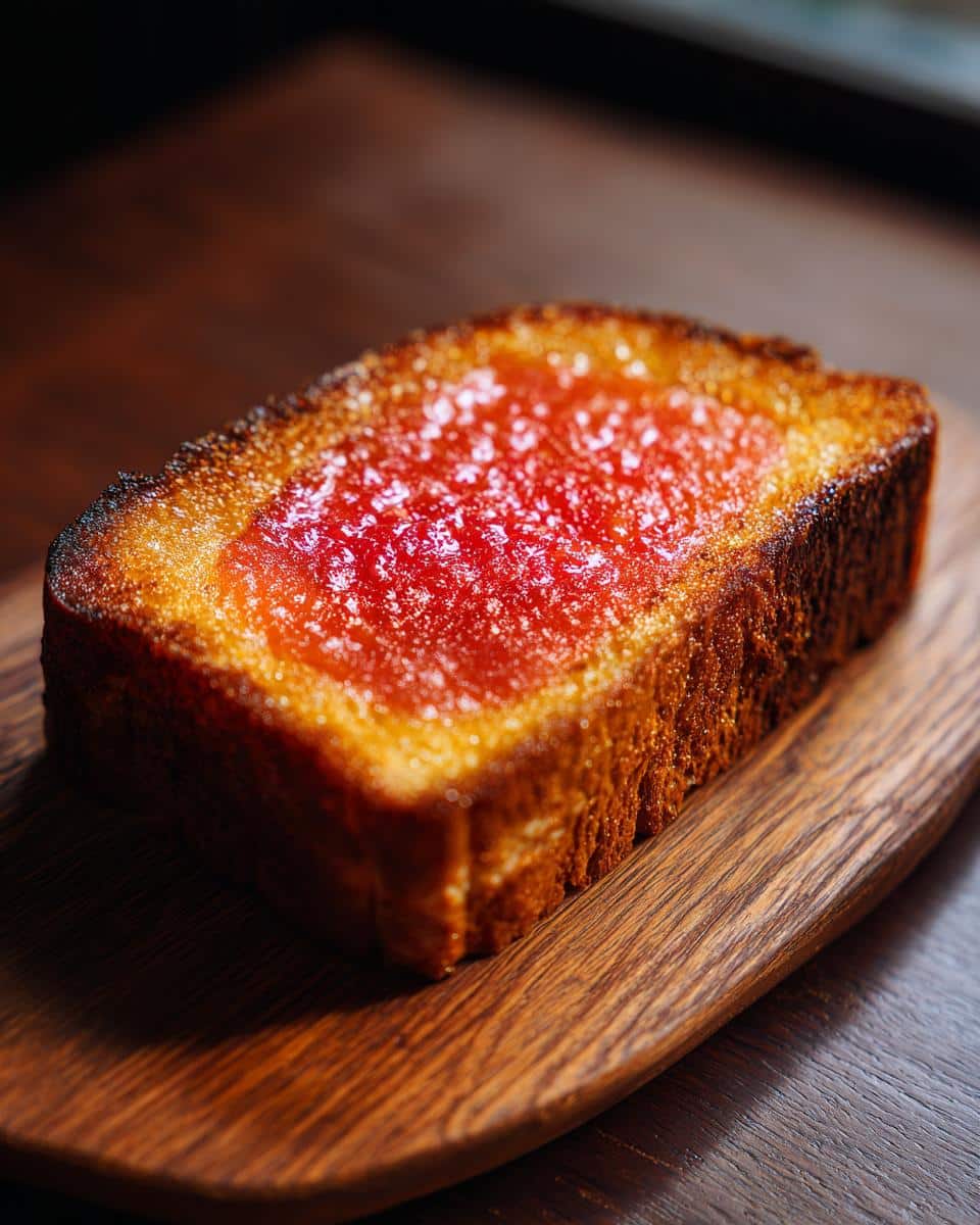 Close-up of Tomato Ice Toast on a wooden board, showing the texture of the toast and tomato topping.