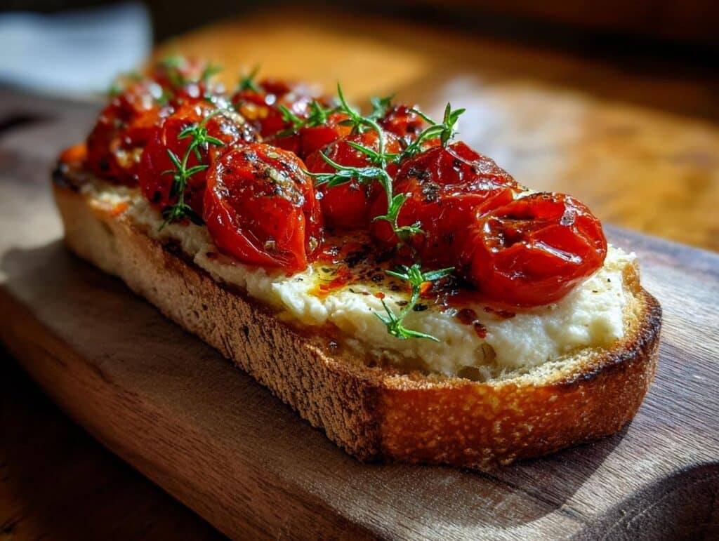 Tomato Ice Toast: Toasted bread topped with creamy white spread and roasted tomatoes, garnished with herbs.
