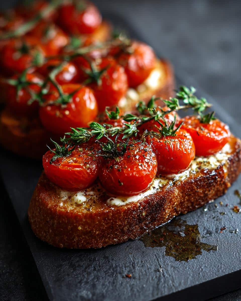 Close-up of Tomato Ice Toast topped with roasted cherry tomatoes, herbs, and a creamy spread on toasted bread.