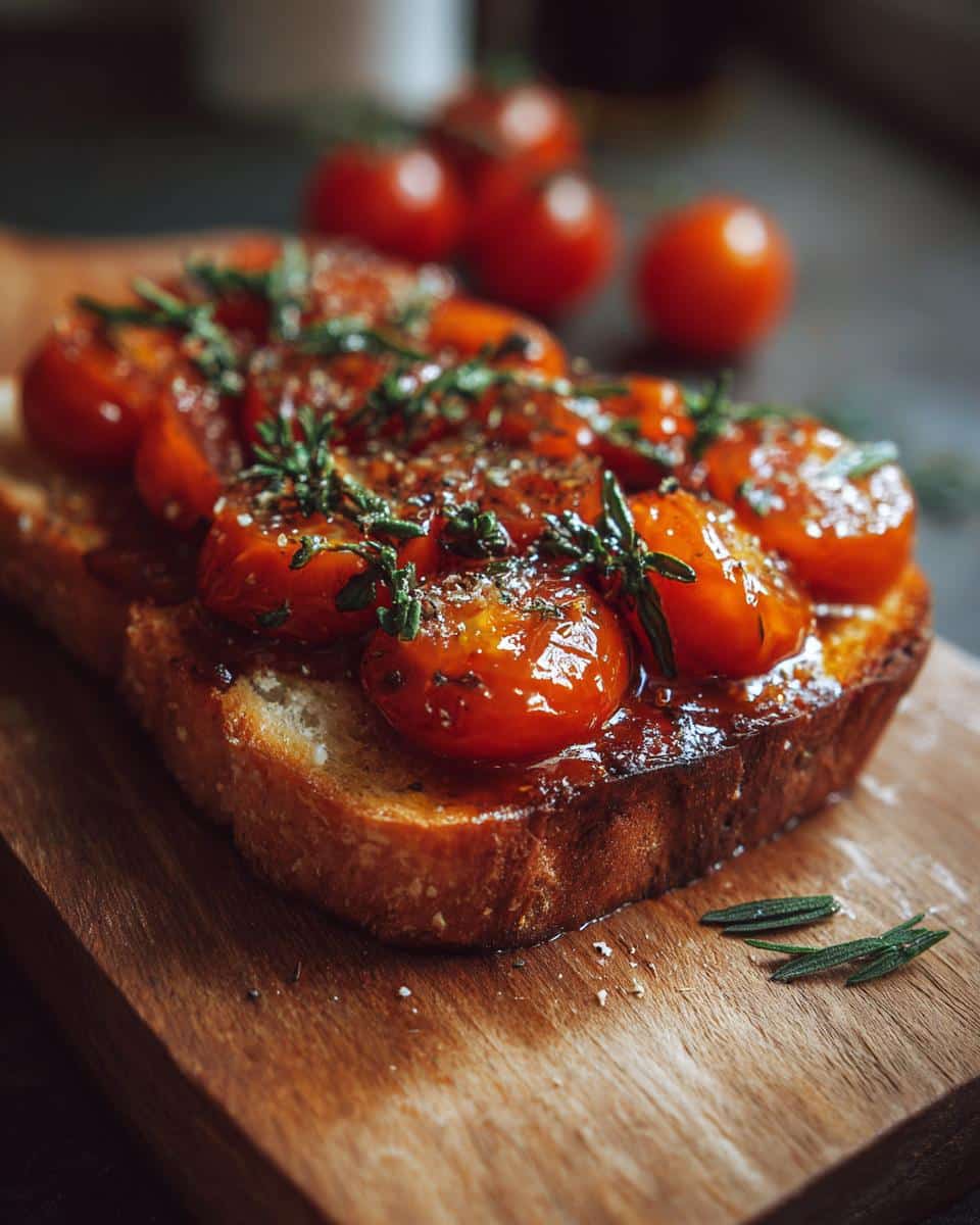 Close-up of Tomato Ice Toast, featuring toasted bread topped with glazed tomatoes and fresh herbs.