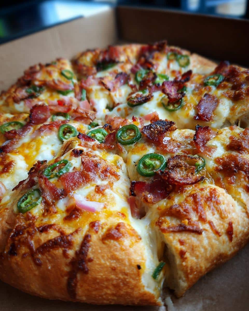 Close-up of a sliced Tortilla Pizza Wrap topped with melted cheese, bacon, and jalapeños.