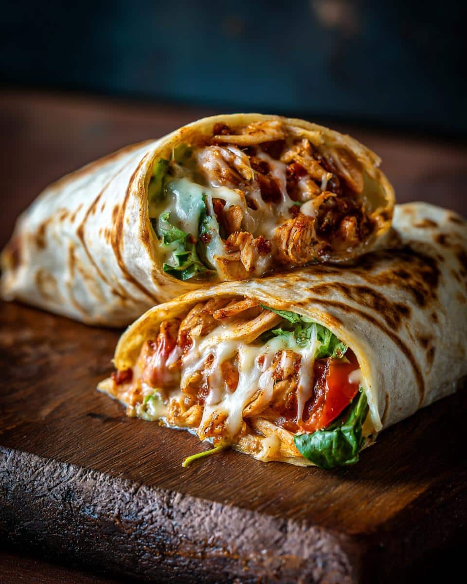 A halved Tortilla Pizza Wrap filled with chicken, cheese, tomatoes, and greens, served on a wooden board.