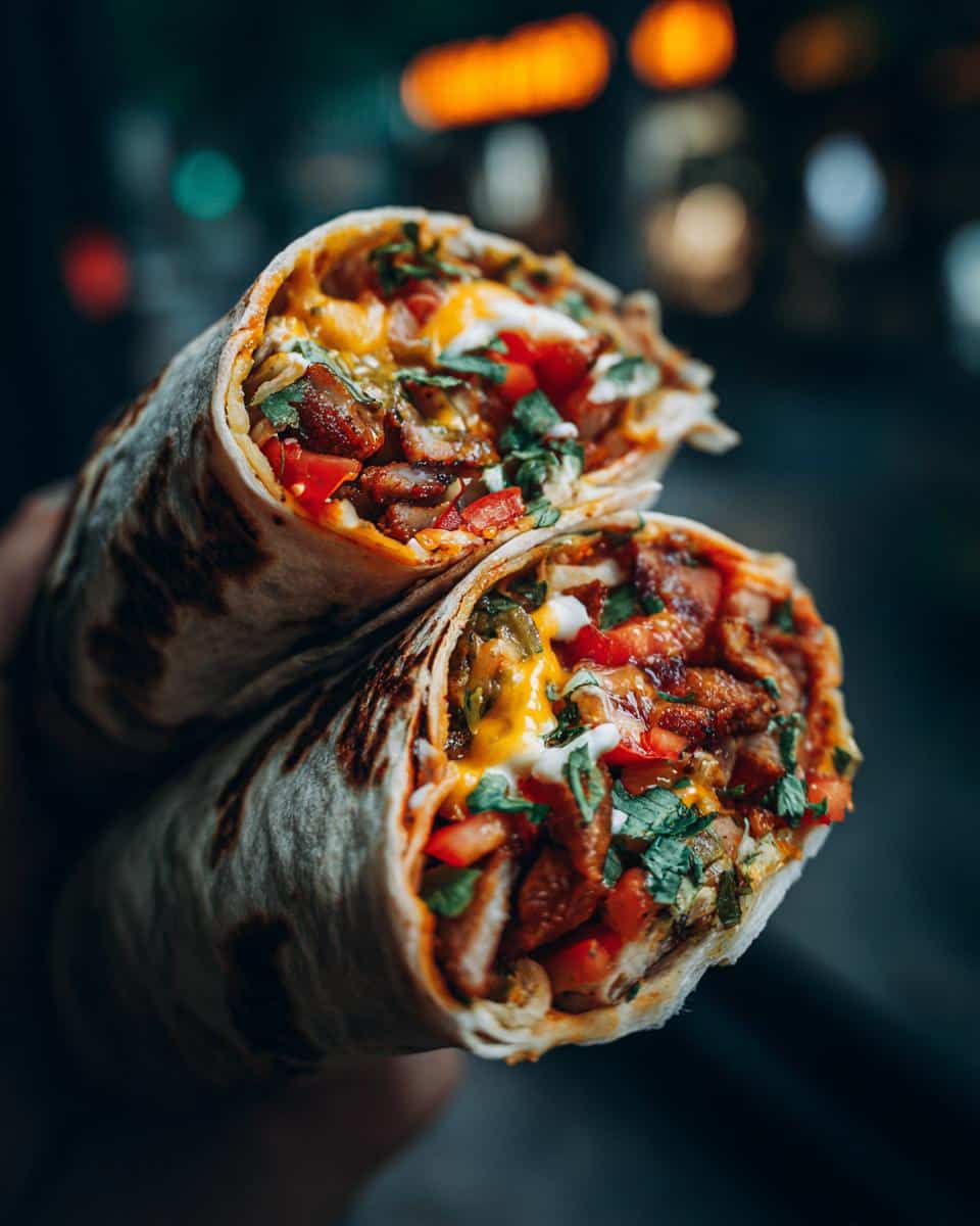 A halved Tortilla Pizza Wrap filled with meat, cheese, tomatoes, and herbs. Ready to eat.