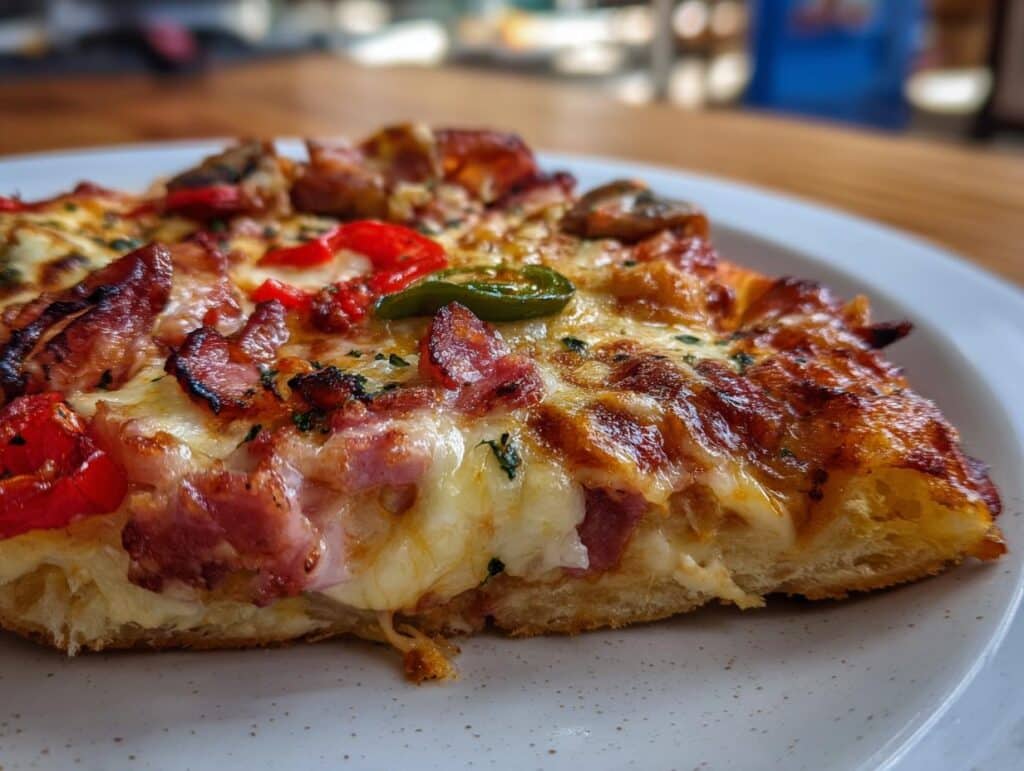 Close-up of a slice of Tortilla Pizza Wrap with melted cheese, bacon, peppers, and herbs.