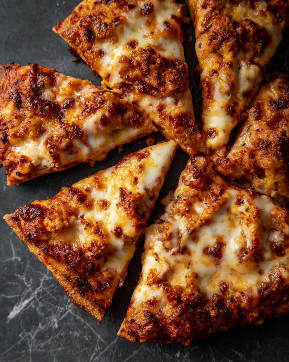 Slices of a cheesy Tortilla Pizza Wrap arranged on a dark surface, showcasing melted cheese and toppings.