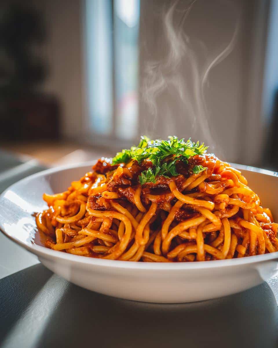 A bowl of steaming Turkish Pasta topped with fresh parsley, ready to be enjoyed.
