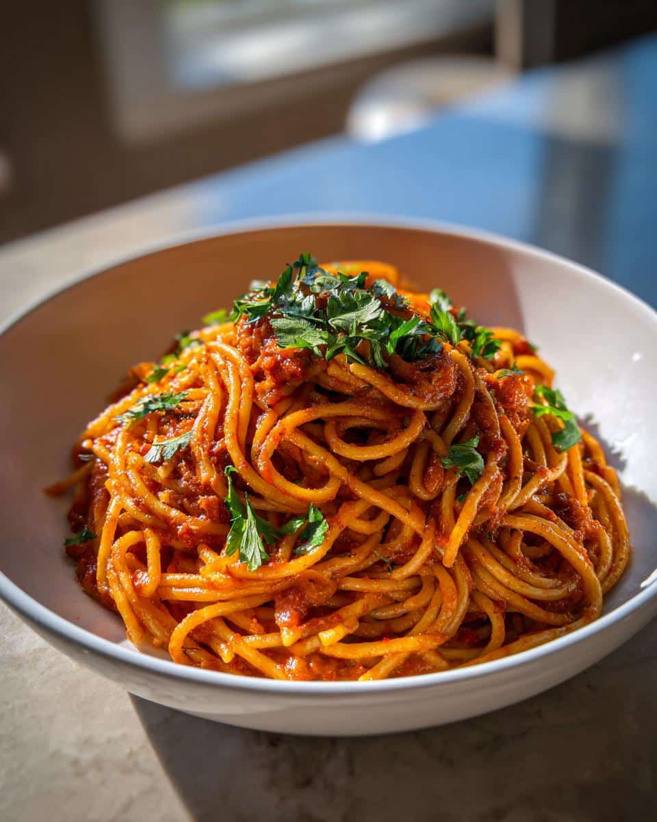 A bowl of Turkish Pasta, featuring spaghetti with a rich tomato sauce and fresh parsley garnish.