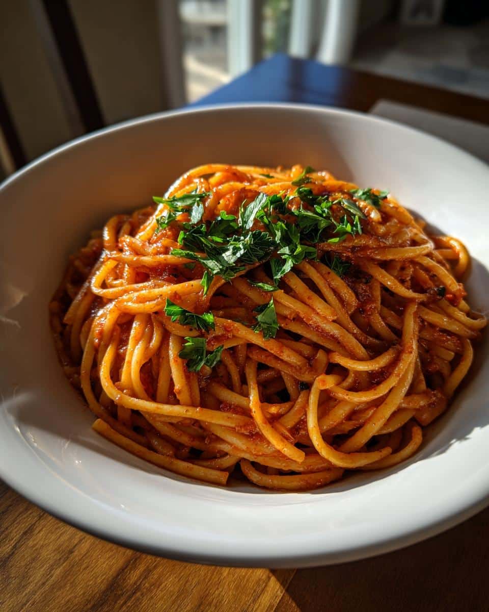 A bowl of Turkish Pasta topped with fresh parsley, showcasing the vibrant red sauce.