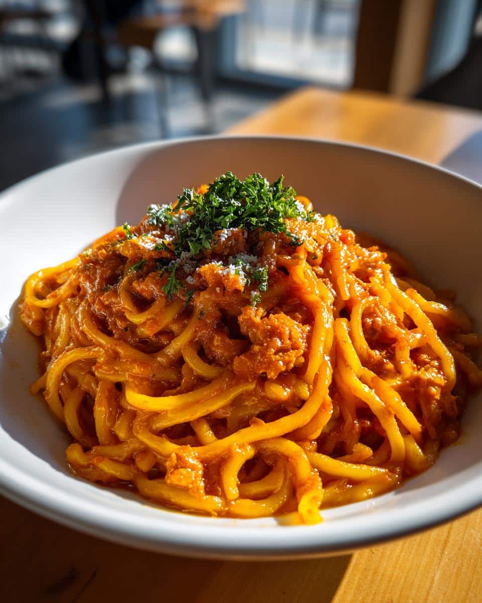 A bowl of Turkish Pasta topped with a rich, flavorful sauce and fresh herbs.