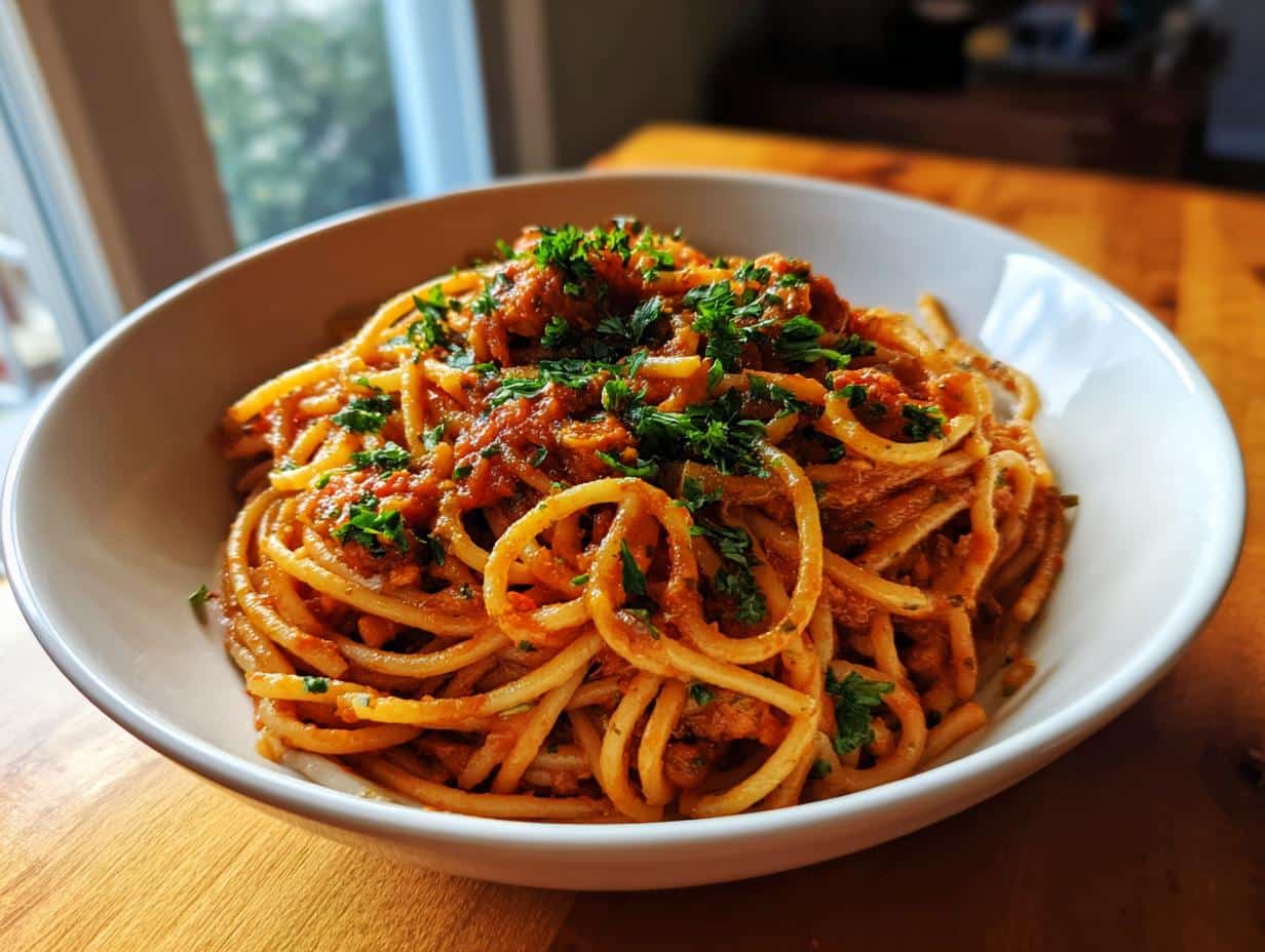 A bowl of Turkish Pasta with tomato sauce and parsley, ready to eat.
