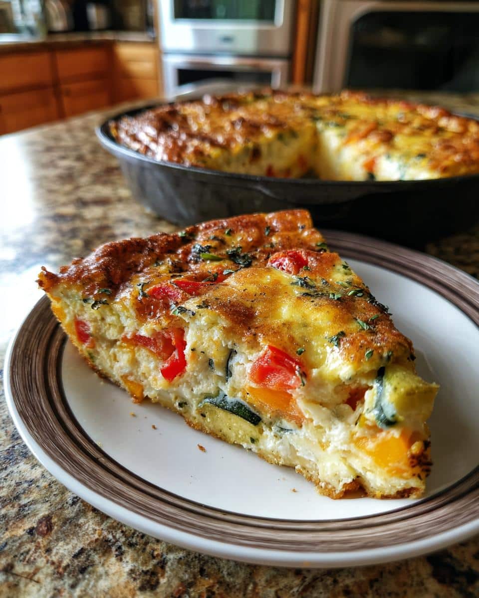 A slice of vegetable fritata recipe on a plate, showcasing colorful peppers, zucchini, and herbs.