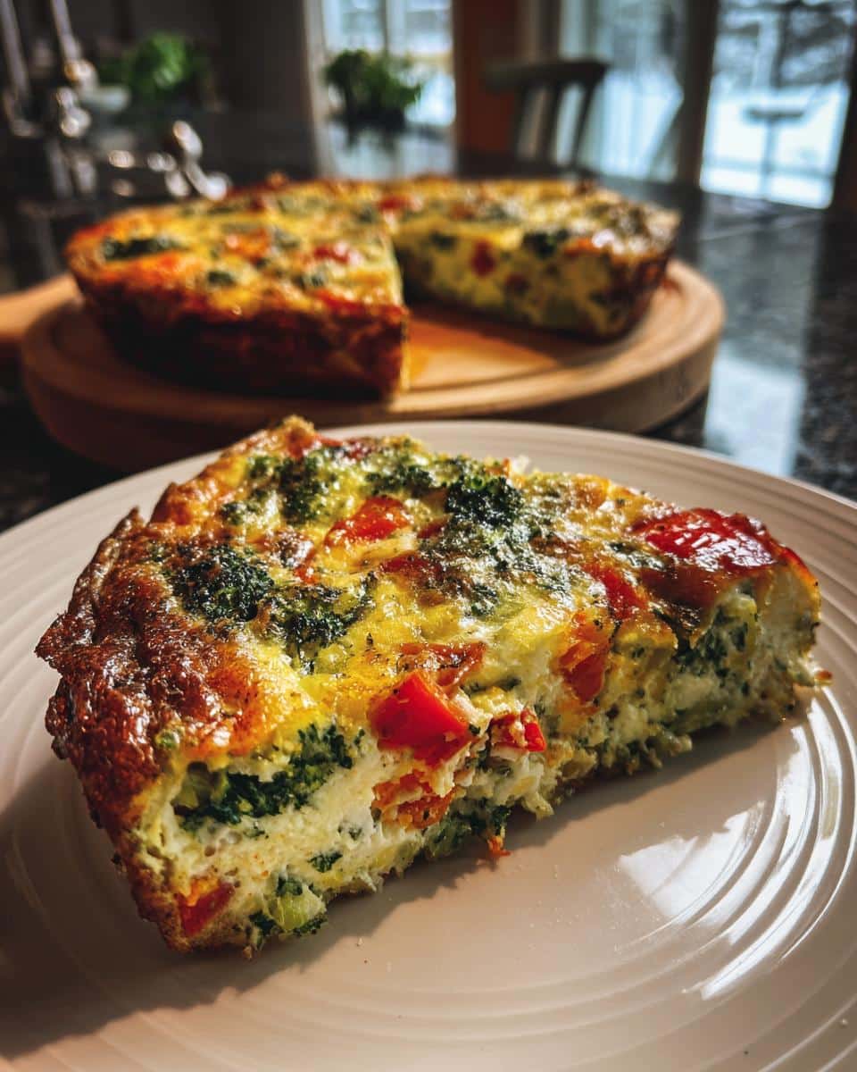 A slice of vegetable fritata recipe on a plate, showcasing broccoli and red peppers.