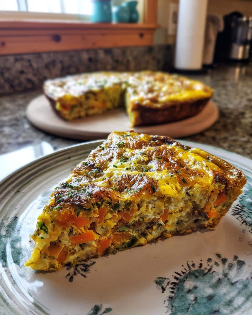 A slice of vegetable fritata recipe on a plate, with the whole fritata in the background.