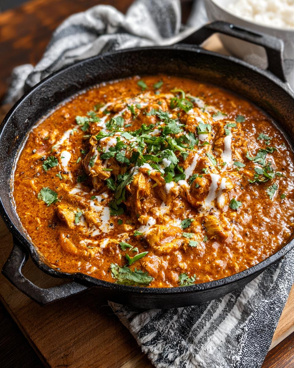 A cast iron skillet filled with creamy white chicken chili, topped with cilantro and a swirl of cream.