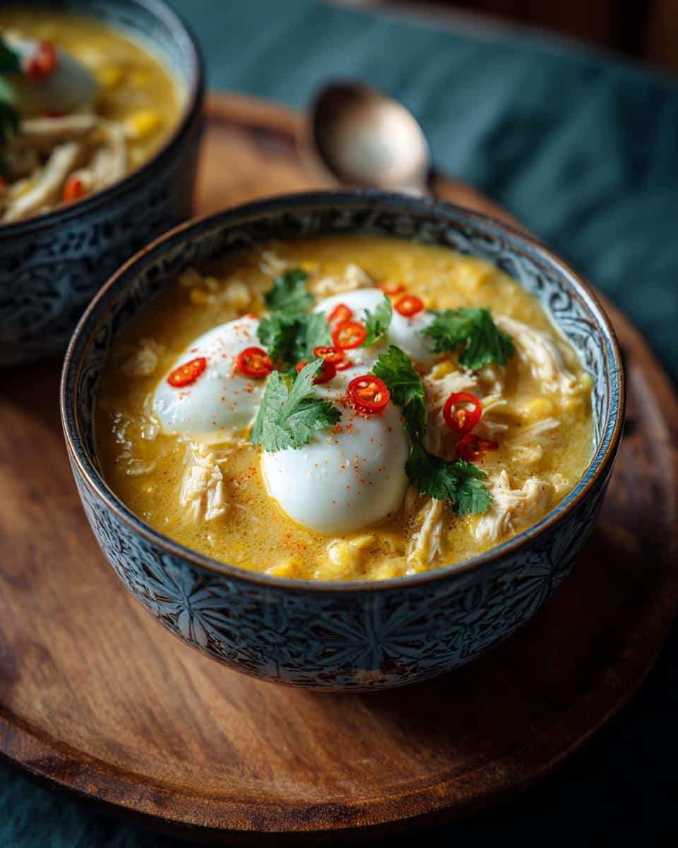Close-up of a bowl of white chicken chili topped with a poached egg, cilantro, and chili flakes.