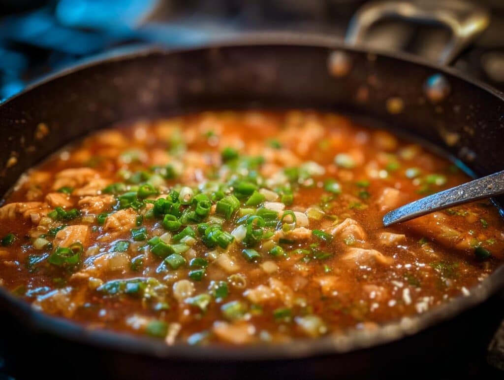 Close-up of white chicken chili in a pan, garnished with fresh green onions and a spoon.