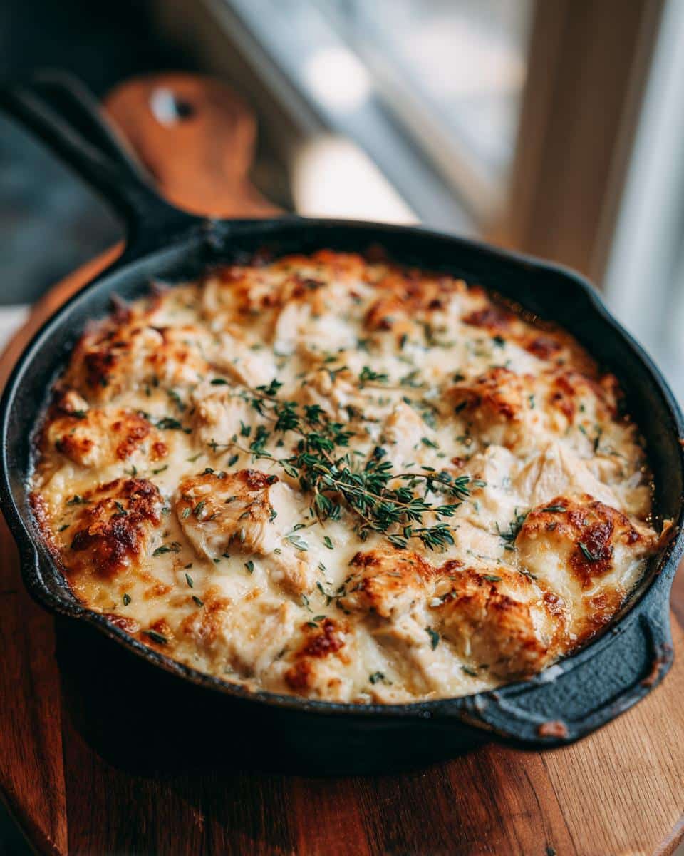 Close-up of white chicken chili in a cast iron skillet, topped with melted cheese and fresh herbs.