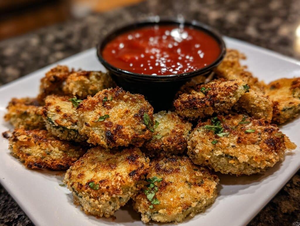 A plate of golden, crispy Chickle (fried pickle) slices served with a bowl of dipping sauce.