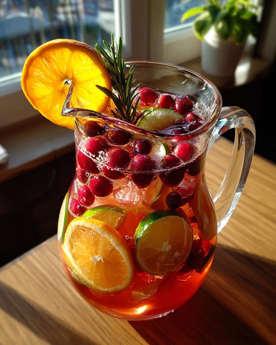 Pitcher of winter mocktail non alcoholic with cranberries, orange slices, lime, and rosemary sprig.